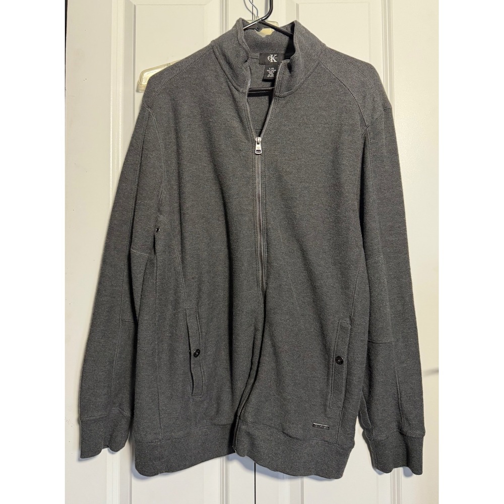 Calvin Klein Full Zip Sweater Mens Large Grey Excellent 100% Cotton Mock Neck